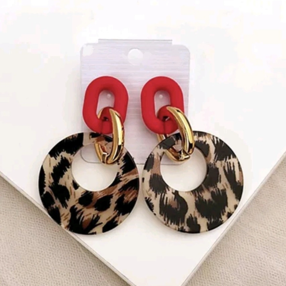 Earrings Pink Black Leopard Print 80s Style Round Boho Hoop 1980s